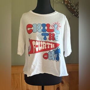 Persaya White Cotton Tee w/ Red and Blue "Chill the Fourth" Graphic size Large